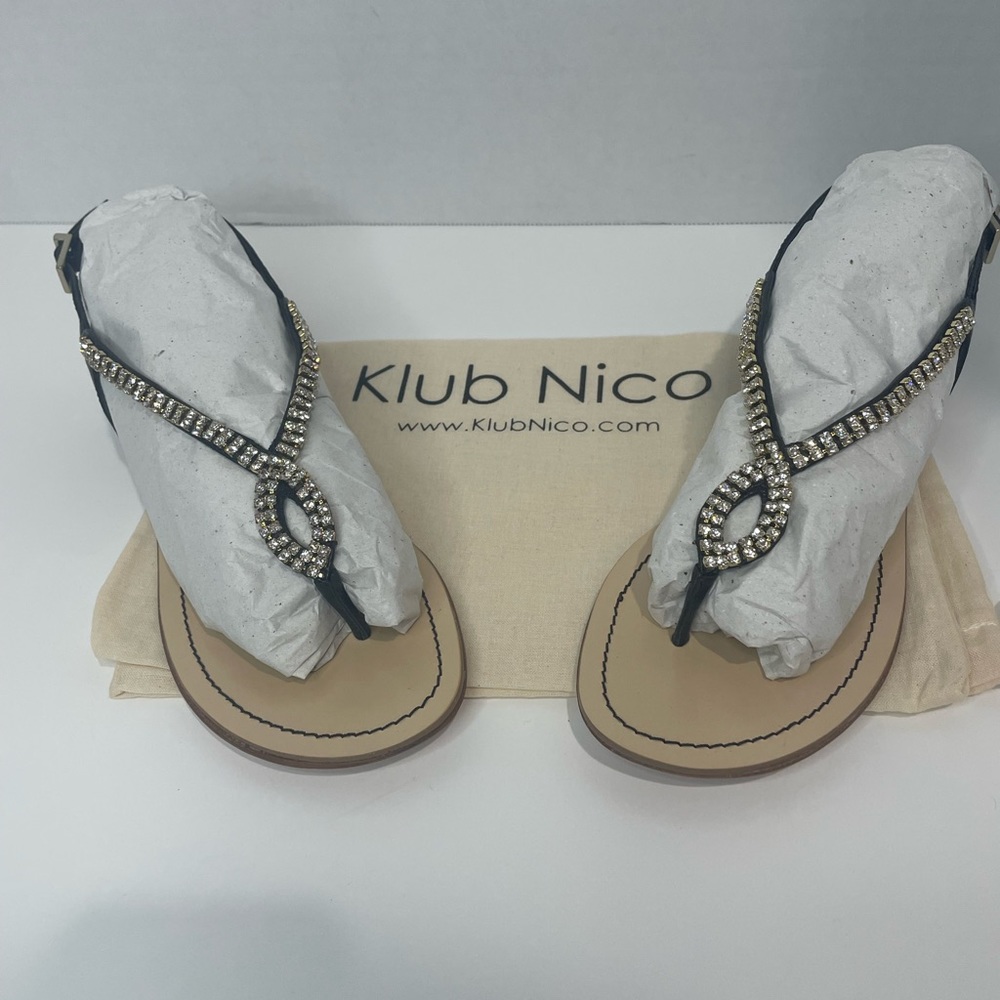 Klub Nico JUDY Black Leather T-Strap Jewel Adjustable Buckle Sandals SZ 7 NEW